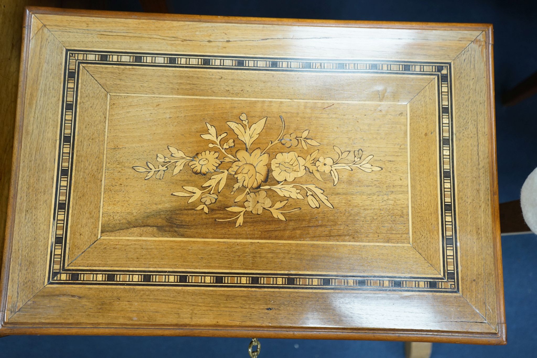 A 19th century French inlaid walnut work table, width 55cm, depth 37cm, height 71cm